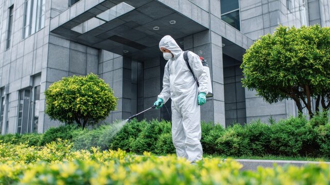 Worker in protective suit sprays pesticide on green shrubs outside a modern building with glass facade and neatly trimmed hedges in the foreground