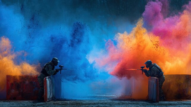 Two armed soldiers in tactical gear engage in paintball competition, vibrant clouds of blue and orange paint fill the background creating a dynamic scene