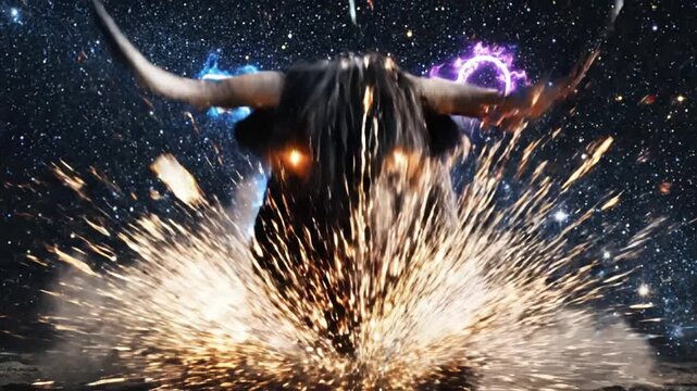 Taurus Zodiac Symbol with Charging Bull Sparks and Cosmic Stars