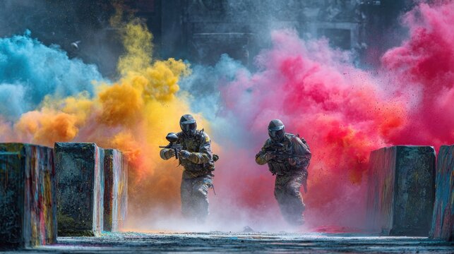 Two soldiers in tactical gear run through a cloud of colorful smoke during a training exercise, vibrant hues of blue, yellow, and pink filling the air around them
