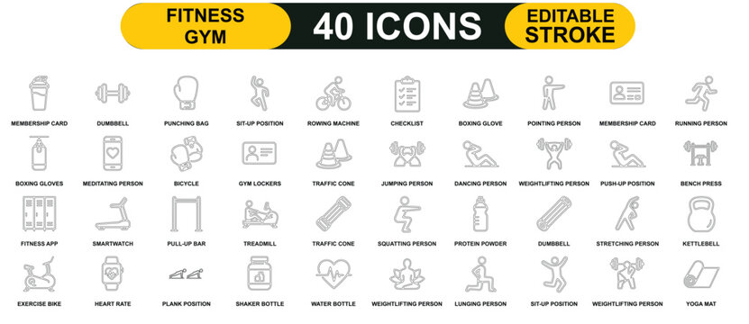Set of 40 fitness and gym outline icons