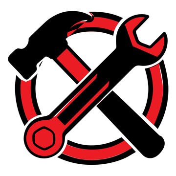 Crossed Wrench and Hammer Service Logo Vector Icon. Vector illustration of a crossed wrench and hammer placed inside a circular frame with bold red and black design. Ideal icon for technical support, 