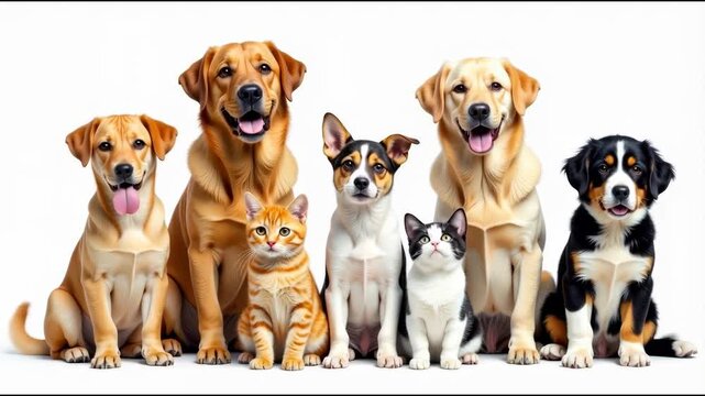 Multiple dogs and cats sitting together, friendship and companionship concept