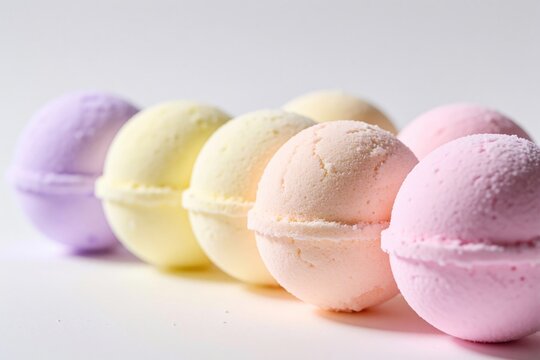 Pastel bath bombs are arranged in a row. Round spheres in soft colors like pink, yellow, and purple sit on a white studio background. These provide calm and relaxation.