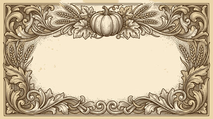 Obraz premium Ornate vintage harvest frame with pumpkin and wheat