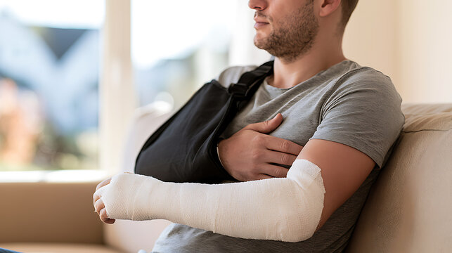 A young man sit on sofa at home with a broken arm in plaster cast and black sling support, recovery period after bone fracture injury