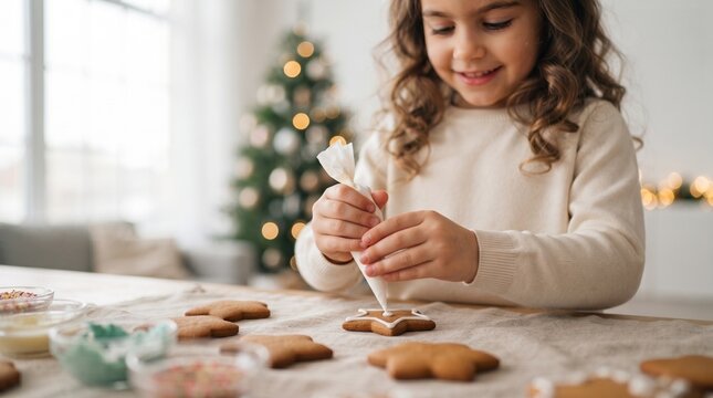 Cute little girl with dark curly hair decorating homemade star gingerbread cookie with white icing piping bag at cozy table with blurred glowing Christmas tree background during holidays.