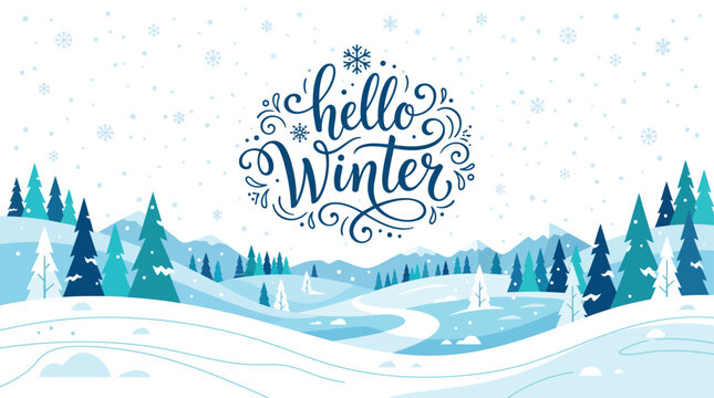 Hello Winter hand lettering text, snowy mountain landscape with pine trees, blue winter forest vector background