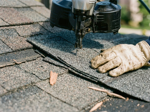 Close up of roofer installing asphalt shingles with nail gun. Repairing damaged roof with pneumatic tool