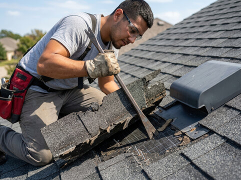 Roofer removing damaged shingles with pry bar. Construction worker repairing residential roof near ventilation vent