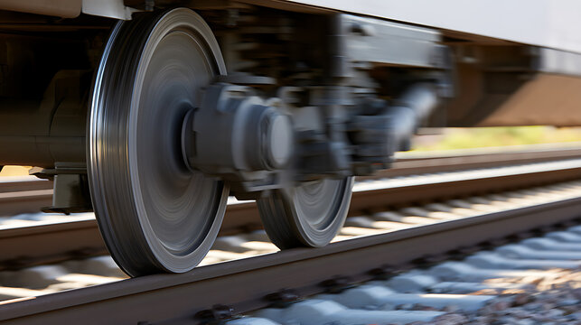 Close up view of heavy train wheels in motion on steel railway tracks with motion blur effect representing speed, journey, and transportation