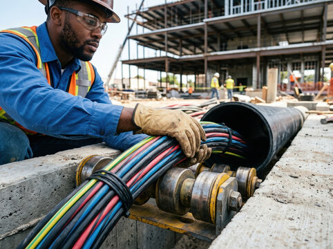 Utility worker pulling electrical cables from conduit pipe. Construction worker installing underground power lines