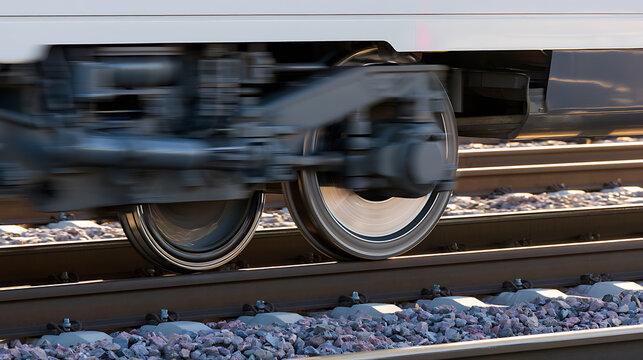 Close up view of high speed passenger train bogie and wheels in motion on railway track, commuter transit system with motion blur effect