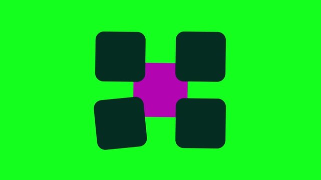 Abstract motion graphic with rotating dark squares and a central purple square on green