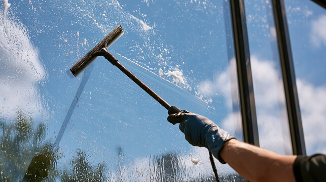 Close up of gloved cleaner using squeegee to clear soapy water from glass window