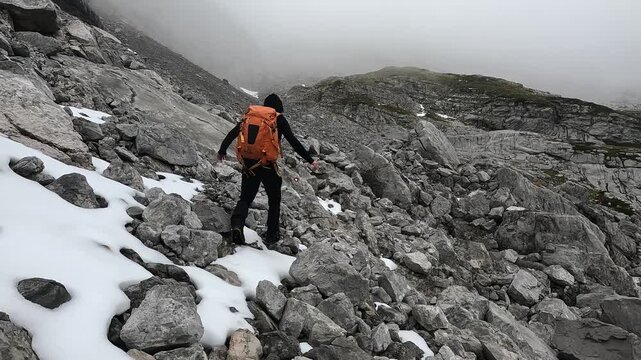 Solo male hiker on a dangerous mountain trail, climbing down a large rock field in the mountains of Montenegro