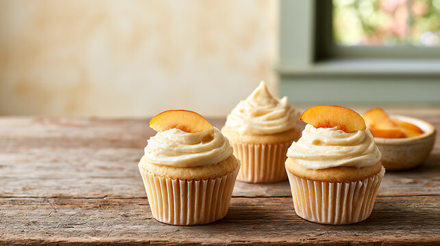 Delicious homemade cupcakes with sweet cream frosting and fresh peach slice garnish displayed neatly on a rustic wooden table in a bright k