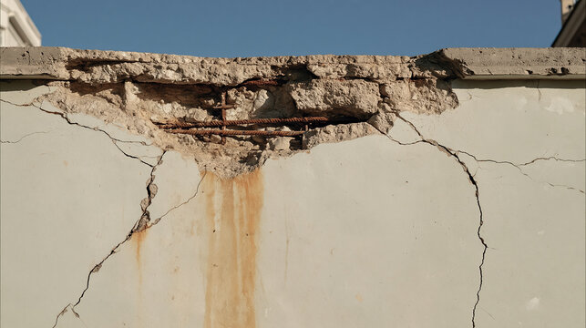 Severely deteriorated reinforced concrete wall with exposed rusted rebar, cracking, weathering, and water staining under clear sky
