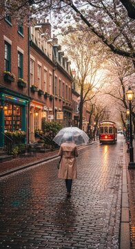 Rainy Day Stroll in Historic City.