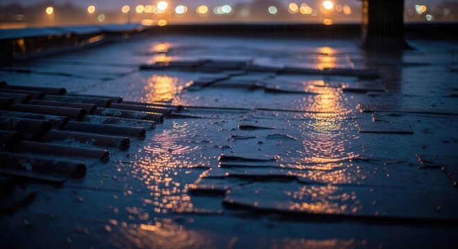 Rainy Rooftop Reflection - City Lights at Dusk.