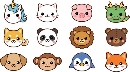 Fototapeta premium Cute Kawaii Animal Face Avatar Set with Unicorn Cat Panda Lion Dragon and Fox for Baby Nursery Designs