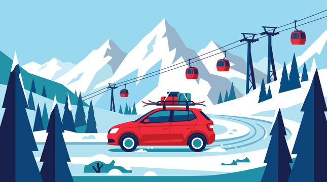 Winter mountain road trip vector illustration, red car with ski gear on snowy landscape, alpine ski resort with cable car gondolas