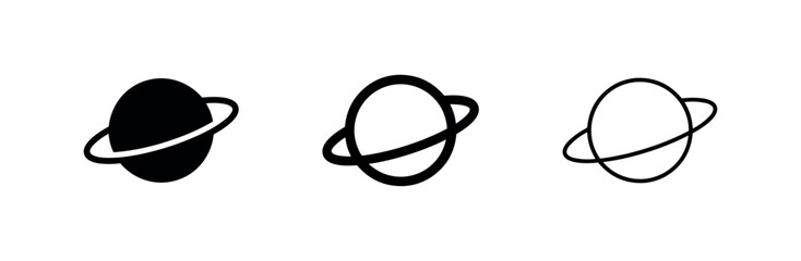 Naklejka premium Ringed Planet Icon Set: Solid, Bold Outline, and Thin Outline Saturn-like Planet Symbols