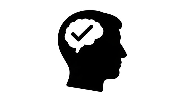 Human head silhouette with brain check mark icon for mental health and cognitive success