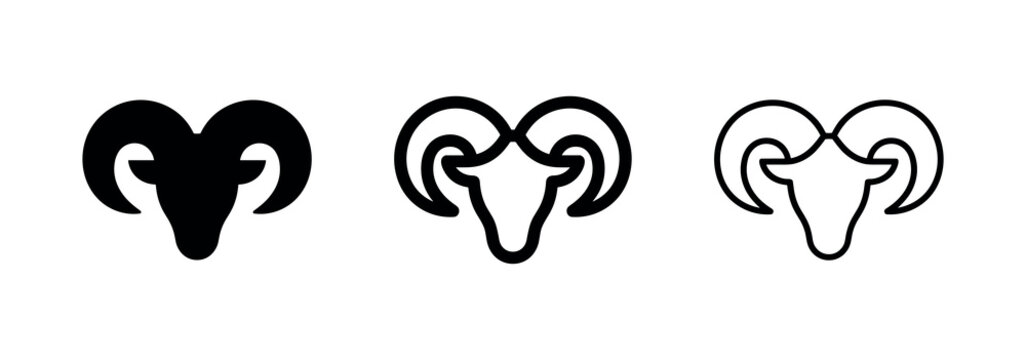 Ram head icon set. Sheep, goat, aries zodiac sign, and animal symbol in three styles: solid, thick outline, and thin outline.