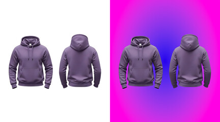 A plain purple hoodie shown from both front and back views, isolated on a white background, for fashion retail, and clothing catalog display © Ajaira