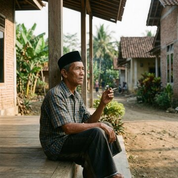 Elderly Man Enjoying A Smoke On A Porch In A Rural Village Setting