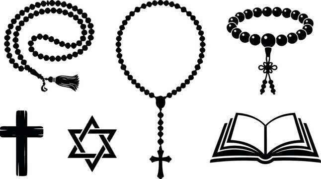 Religious Symbols Icon Set with Rosary Beads Holy Bible Cross Star of David and Prayer Mala Silhouette Vectors for Faith and Spiritual Designs