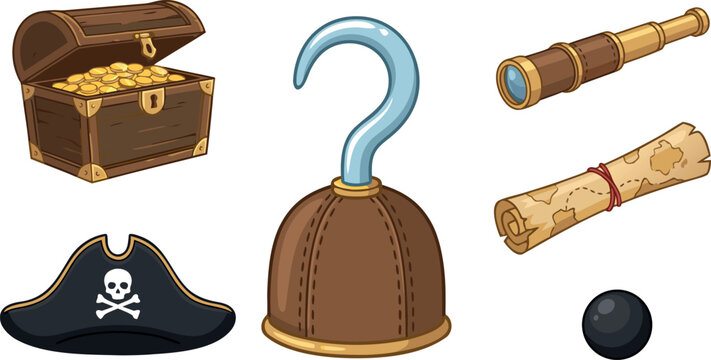 Pirate Adventure Icon Set with Treasure Chest Gold Coins Captain Hook Tricorn Hat Spyglass Map and Cannonball Vector Illustration for Games and Graphic Designs
