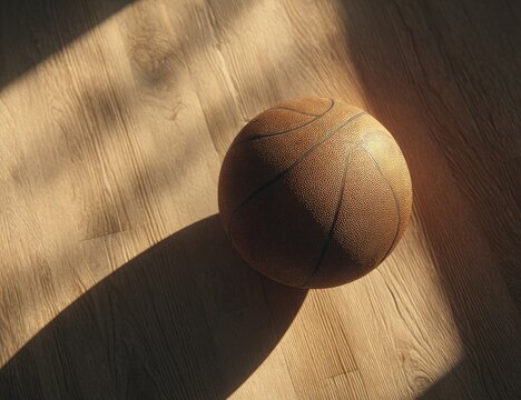 Aged basketball on wooden floor, sunlit shadows