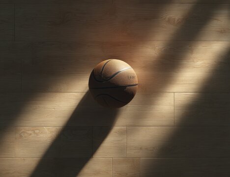 Basketball on light wood floor, sunbeams