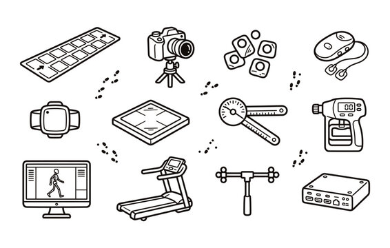 Biomechanics and gait analysis equipment vector doodle set featuring pressure mats cameras force plates dynamometers and motion tracking software