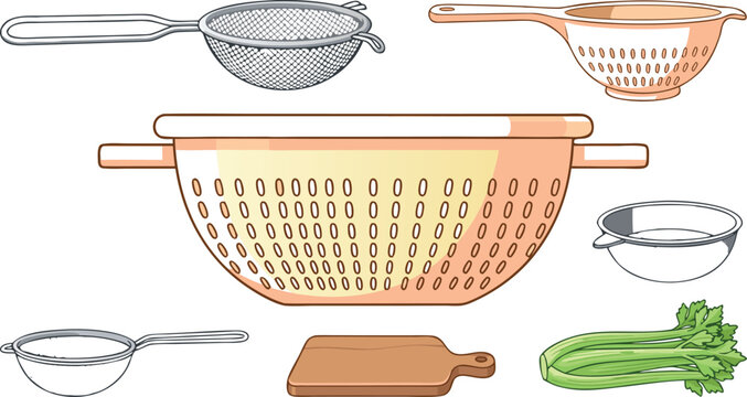 Kitchen Colander and Strainer Tool Vector Set with Plastic Sieve Mesh Strainer Washing Bowl Cutting Board and Fresh Celery for Cooking Designs