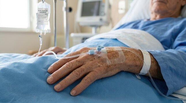 Elderly Patient Receiving Intravenous Treatment in Hospital Bed