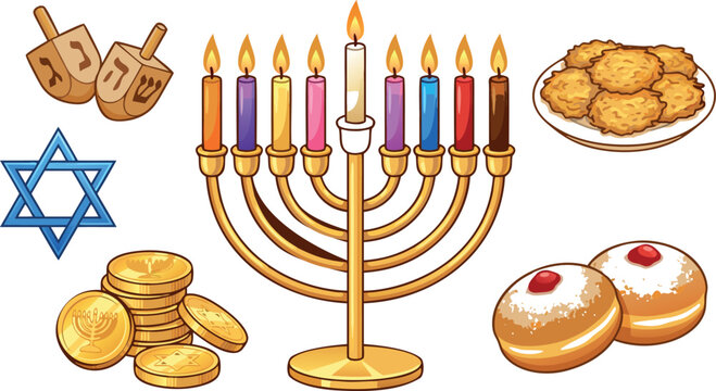 Hanukkah Jewish Holiday Celebration Vector Icon Set with Lit Menorah Candelabra Dreidel Gelt Gold Coins Star of David Latkes and Sufganiyot Jelly Donuts
