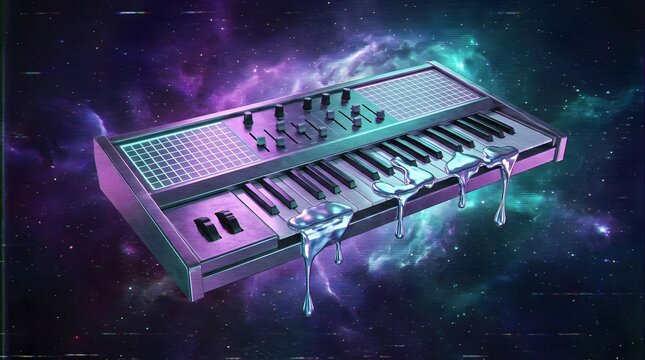 Retro synthesizer keyboard floating in deep space galaxy.