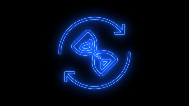 Neon glowing recycling and exchange icon with circular arrows surrounding two interlocking symbols, representing recycling, reuse, exchange, sustainability, and circular economy concepts on a dark bac