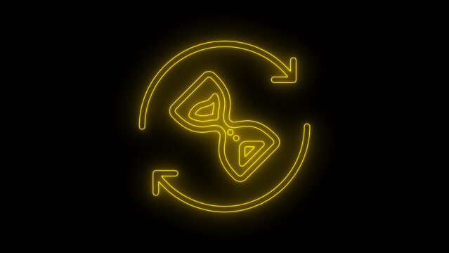 Neon glowing recycling and exchange icon with circular arrows surrounding two interlocking symbols, representing recycling, reuse, exchange, sustainability, and circular economy concepts on a dark bac