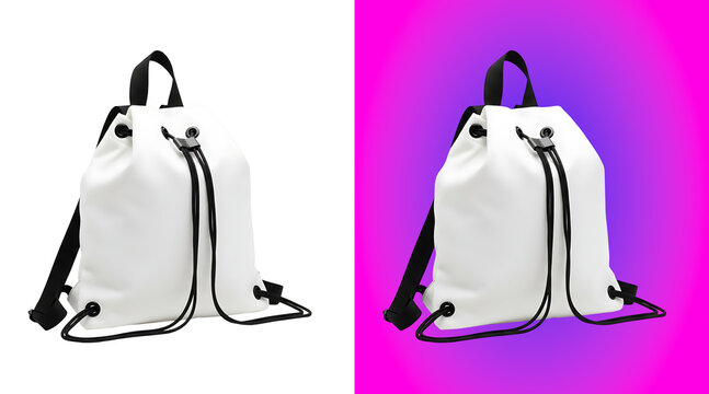 A white drawstring backpack made of synthetic fabric with black cords, isolated on a white background, for sports, travel, and daily use