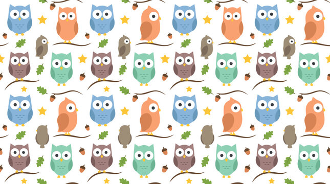 Cute Owl Seamless Pattern Vector with Colorful Cartoon Birds Perched on Branches Oak Leaves Acorns and Stars for Kids Fabric and Wallpaper Design