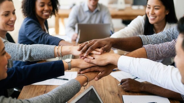 Diverse Team Unites Hands In Collaborative Business Meeting Success