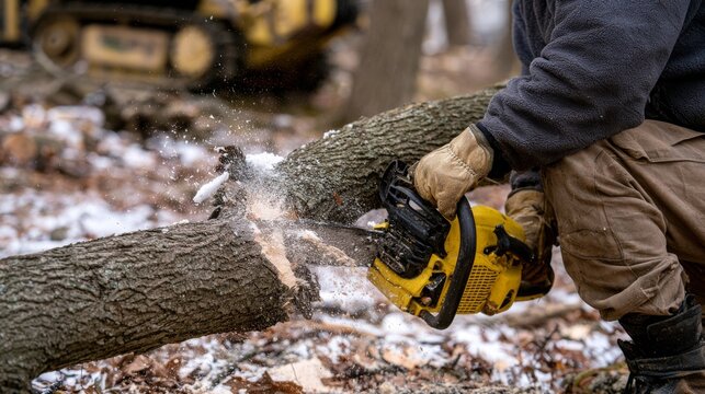 Tree surgeon arborist removing a tree branch with chainsaw and heavy equipment, professional tree care service focused on pruning, maintenance, safety, forestry and outdoor work