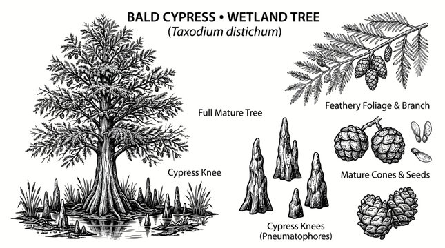 Very beautiful black and white realistic vector set of Bald Cypress (Taxodium distichum) featuring the full tree, feathery foliage, cones, and characteristic knees, BALD CYPRESS &bull; WETLAND TREE, isolat
