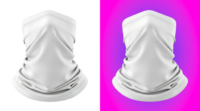 A white tubular neck gaiter or face mask made of soft fabric, shown on a white background, for sportswear and, outdoor accessory mockups