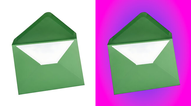 An open green envelope with a white interior, positioned on a white background, stationery, mail, and business communication themes