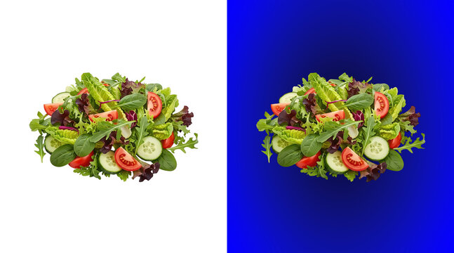 Fresh mixed green salad with sliced cucumbers and red tomatoes on a white background, healthy vegetable mix for culinary food